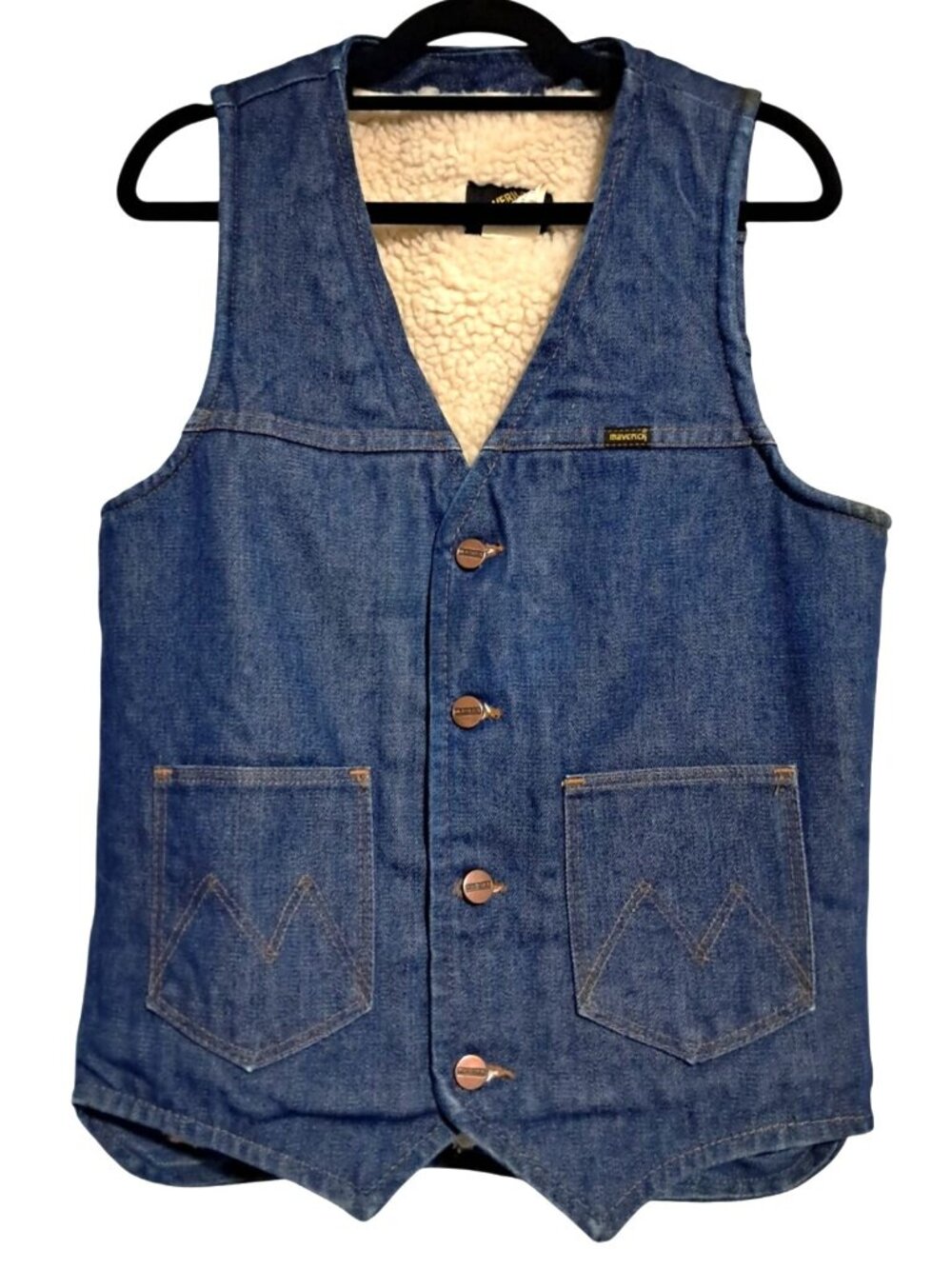 Maverick Denim Vest Sherpa Lined Mens Small Unisex *STAINS* Blue Cotton & Polyes